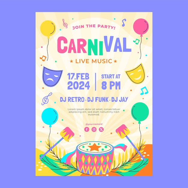 Vector gratuito plantilla de invitación plana para una fiesta de carnaval