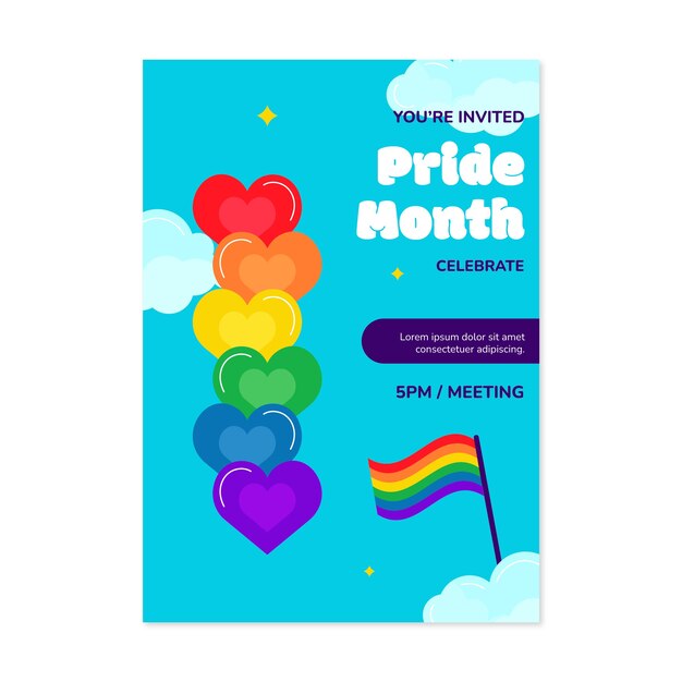 Plantilla de invitación plana del mes del orgullo con arco iris