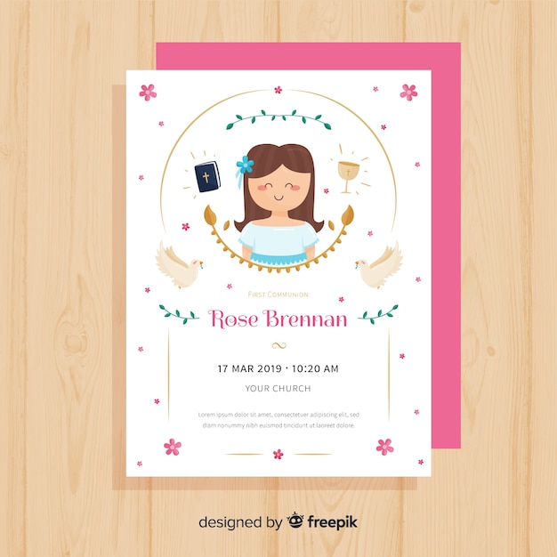 Plantilla de invitación de primera comunión en diseño plano