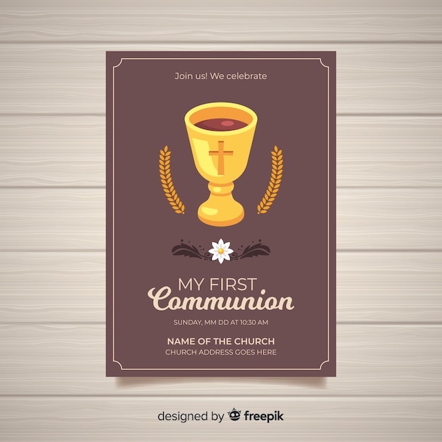 Plantilla de invitación de primera comunión en diseño plano