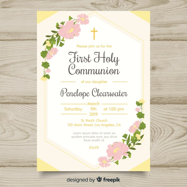 Plantilla de invitación de primera comunión floral