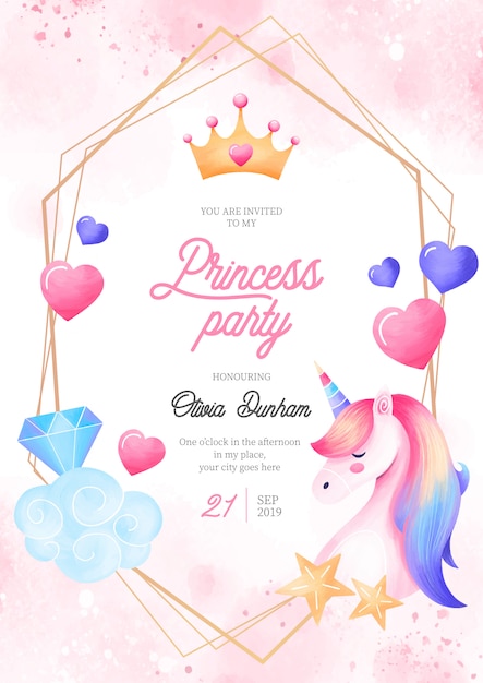 Plantilla de invitación de princesa encantadora fiesta con elementos de fantasía