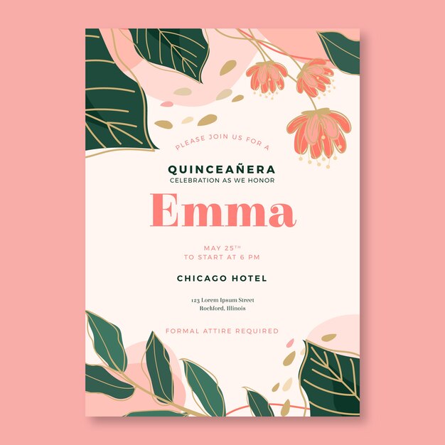Plantilla de invitación de quinceañera botánica dibujada a mano