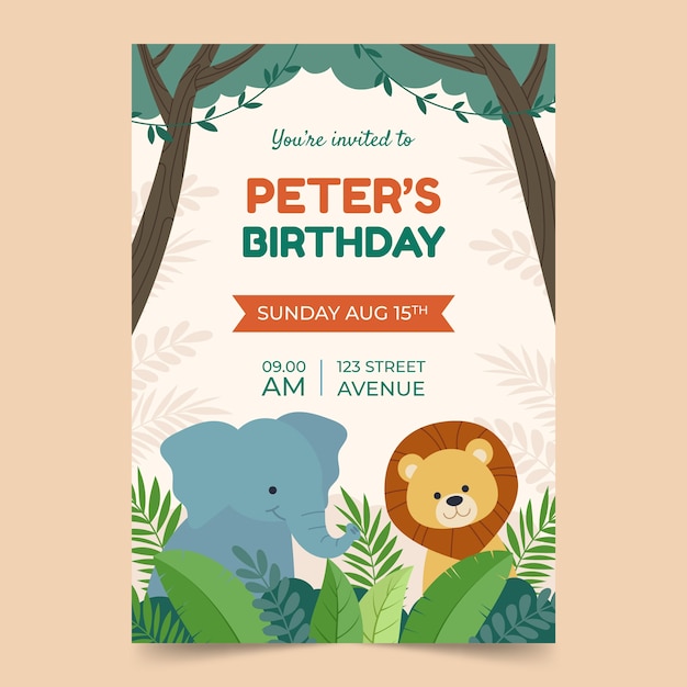Plantilla de invitación de selva de diseño plano