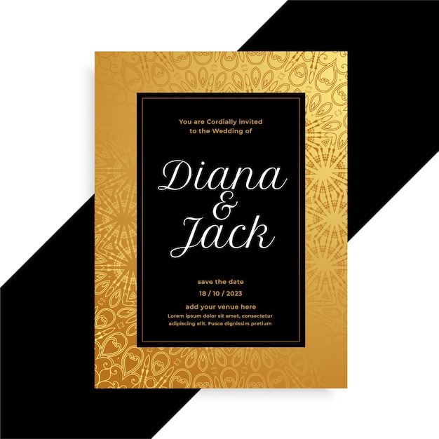 Vector gratuito plantilla de invitación de tarjeta de boda de lujo dorado y negro