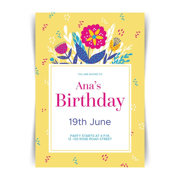 Plantilla de invitación de tarjeta de cumpleaños floral