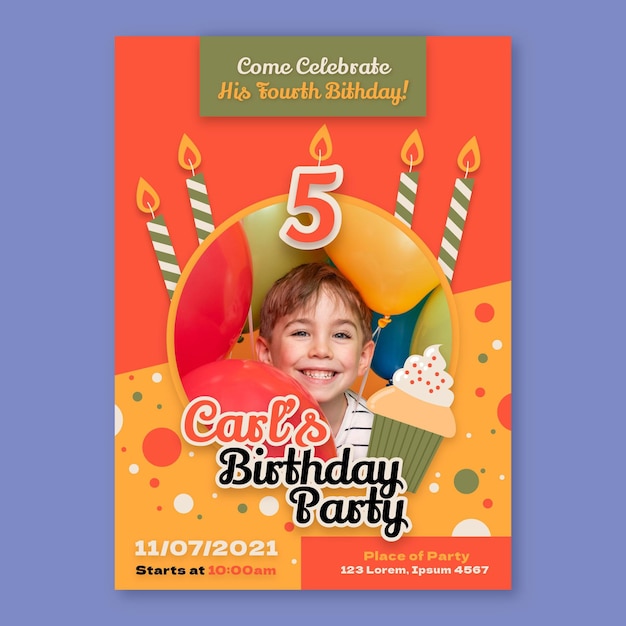 Plantilla de invitación de tarjeta de cumpleaños para niños con foto