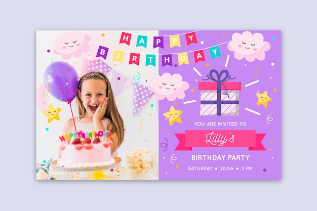 Vector gratuito plantilla de invitación de tarjeta de cumpleaños para niños