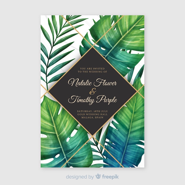 Vector gratuito plantilla de invitación tropical de boda en acuarela