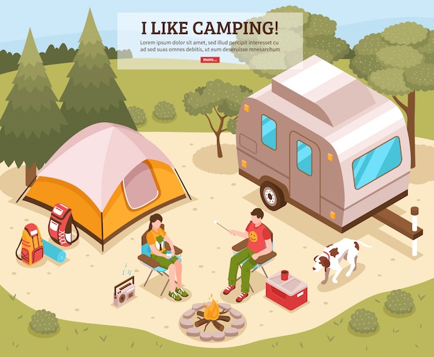 Plantilla isométrica de barbacoa de camping