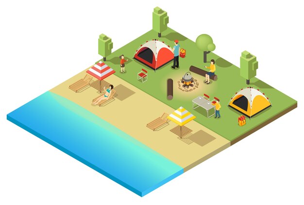 Plantilla isométrica de camping y senderismo