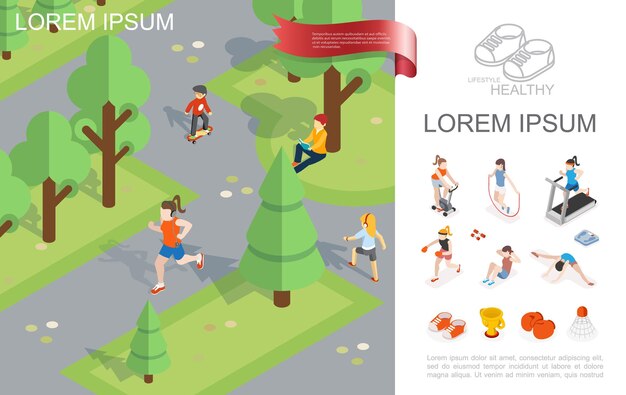 Plantilla isométrica de estilo de vida saludable con niñas corriendo y leyendo, niño montando patineta en el parque de la ciudad, equipo deportivo y mujeres en la ilustración de gimnasio