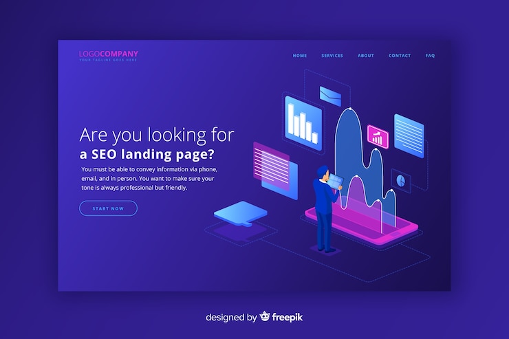 Vector gratuito plantilla isométrica de landing page de seo