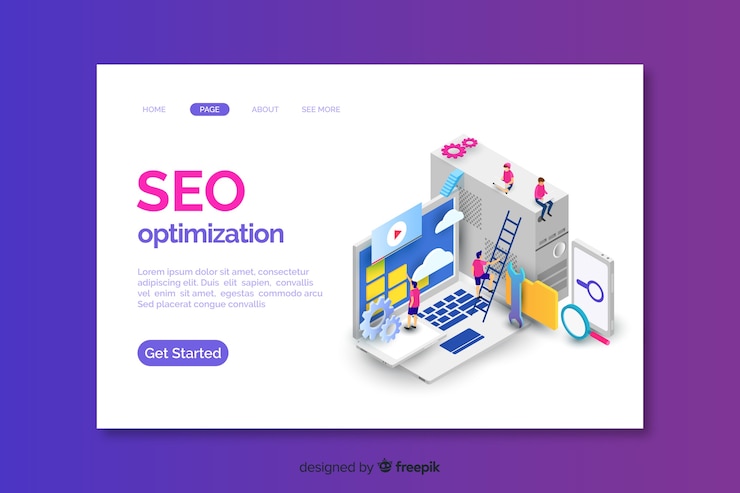 Vector gratuito plantilla isométrica de landing page de seo