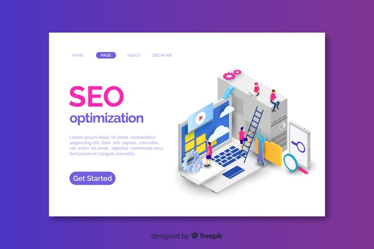 Vector gratuito plantilla isométrica de landing page de seo
