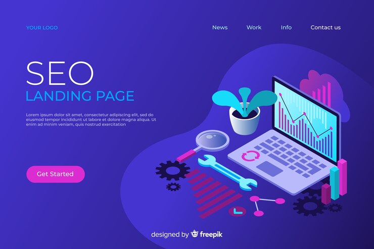 Vector gratuito plantilla isométrica de landing page de seo