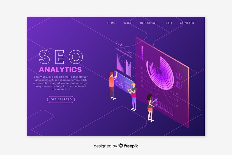 Vector gratuito plantilla isométrica de landing page de seo