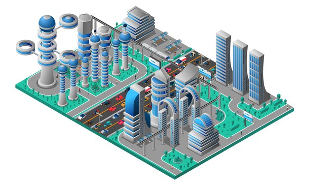 Plantilla isométrica del paisaje urbano futurista