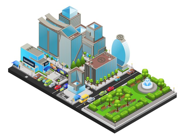 Plantilla isométrica de paisaje urbano moderno