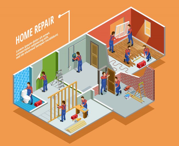 Plantilla isométrica de reparación de hogar