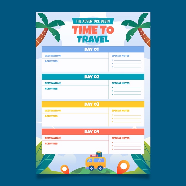 Vector gratuito plantilla de itinerario de viaje degradado con palmeras