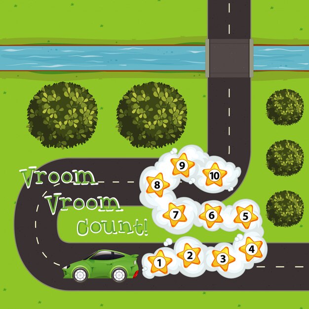 Plantilla de juego con coche y números en la carretera.