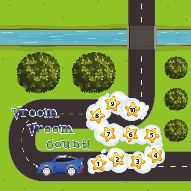 Plantilla de juego con coche y números en la carretera.