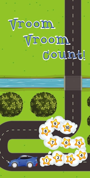 Plantilla de juego con coche y números en la carretera.