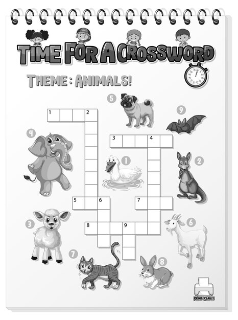 Vector gratuito plantilla de juego de crucigrama sobre animales