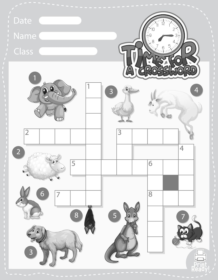 Vector gratuito plantilla de juego de crucigrama sobre animales