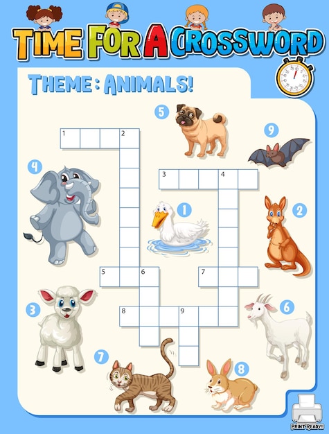 Plantilla de juego de crucigrama sobre animales