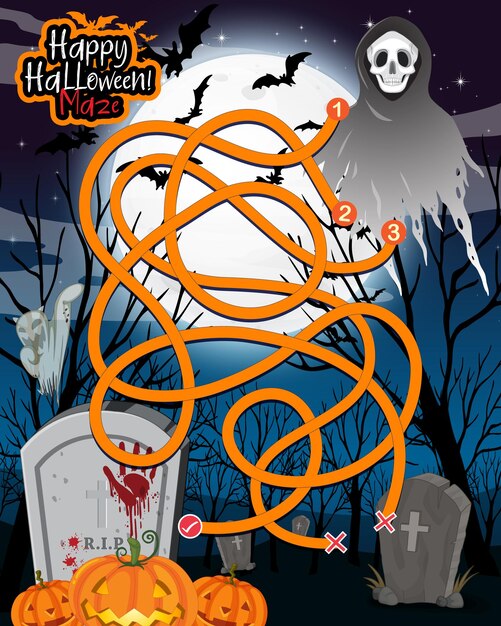 Vector gratuito plantilla de juego de laberinto de happy halloween