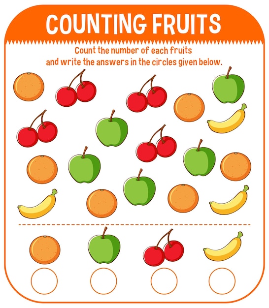 Plantilla de juego de matemáticas con conteo de frutas