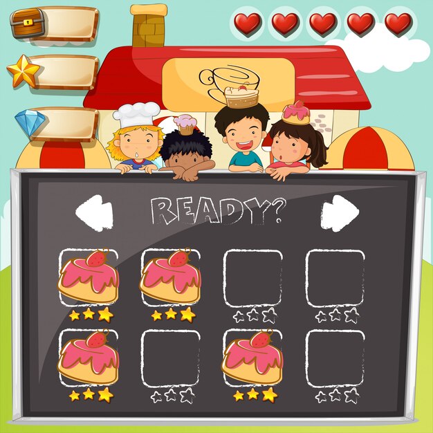 Plantilla de juego con niños y pastel.