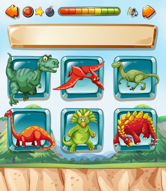 Plantilla de juego de ordenador con dinosaurios.