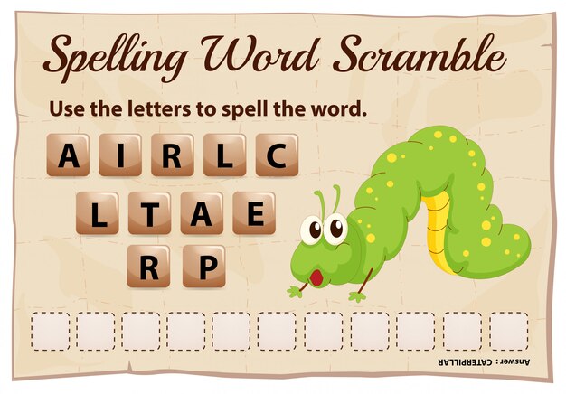 Plantilla de juego de ortografía scramble para caterpillar