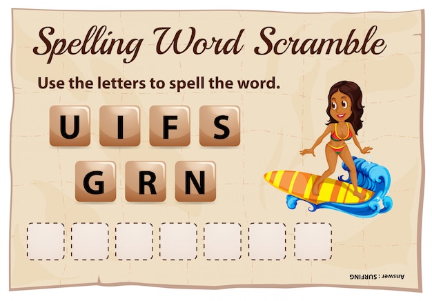 Plantilla de juego de ortografía word scramble con surf