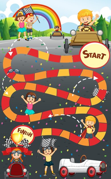 Plantilla de juego de serpientes y escaleras con personajes infantiles