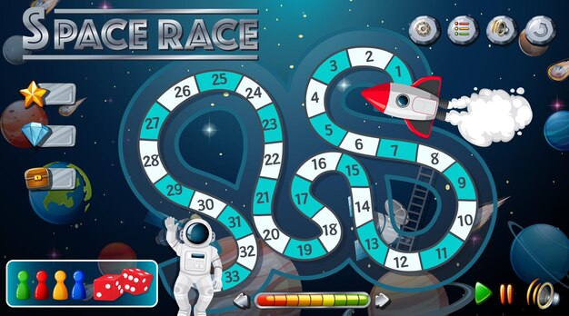 Plantilla de juego de serpientes y escaleras con tema espacial