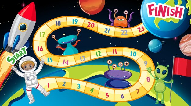 Plantilla de juego de serpientes y escaleras con tema espacial
