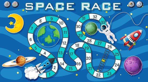 Plantilla de juego de serpientes y escaleras con tema espacial
