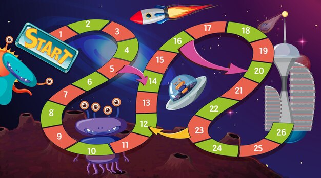 Plantilla de juego de serpientes y escaleras con tema espacial