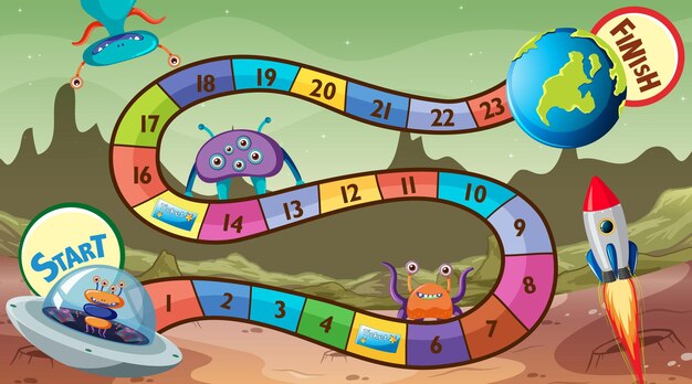 Plantilla de juego de serpientes y escaleras con tema espacial