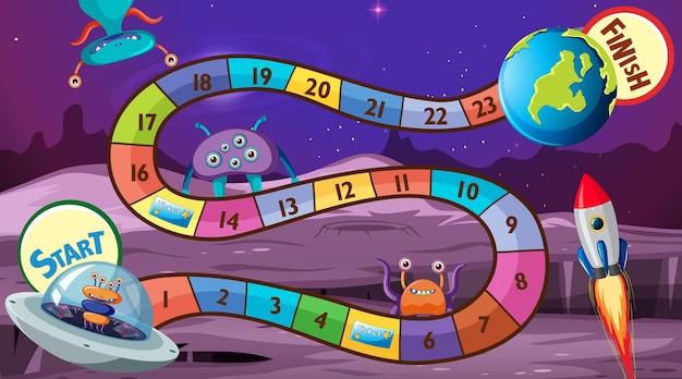 Plantilla de juego de serpientes y escaleras con tema espacial