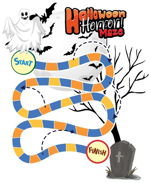 Plantilla de juego de serpientes y escaleras en el tema de Halloween