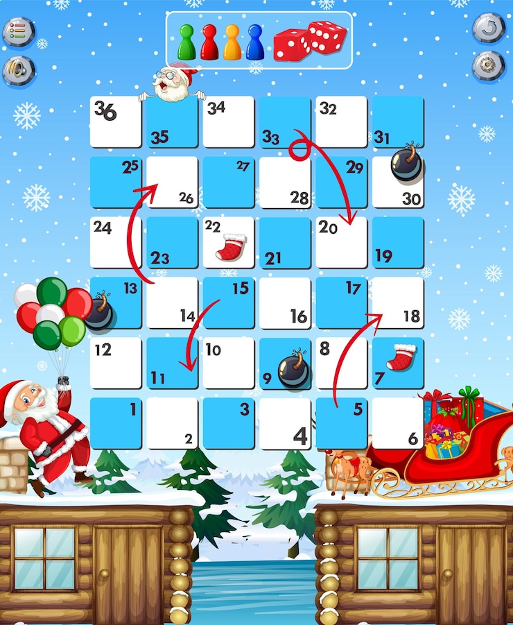 Vector gratuito plantilla de juego de serpientes y escaleras en tema navideño