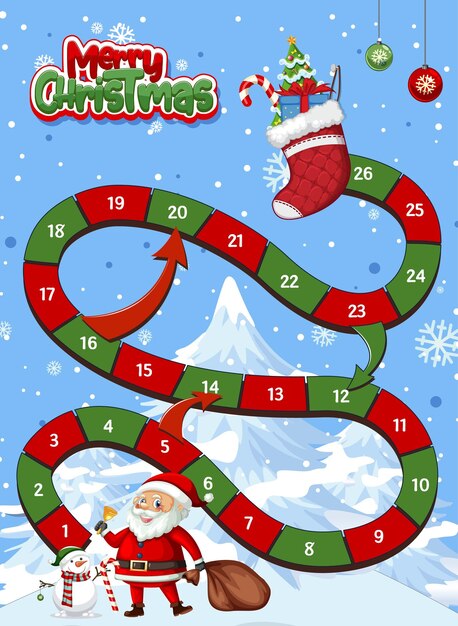 Plantilla de juego de serpientes y escaleras con tema navideño