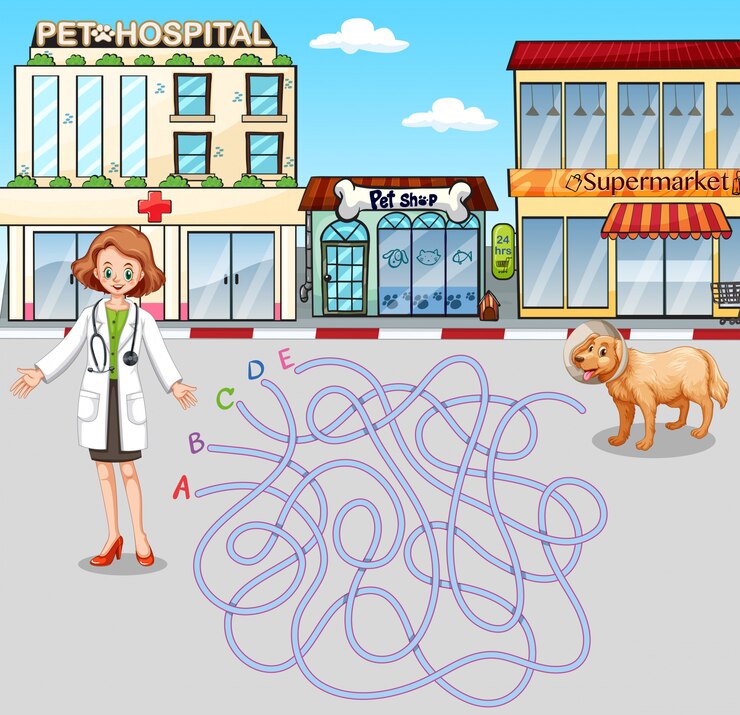 Vector gratuito plantilla de juego con veterinario y mascota en el hospital.