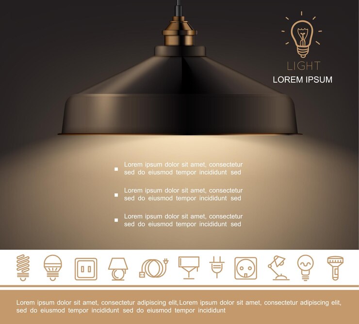 Vector gratuito plantilla de lámpara brillante realista con texto e iconos lineales de equipos de iluminación