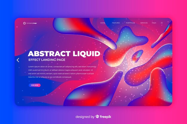 Plantilla de landing page abstracta con formas líquidas